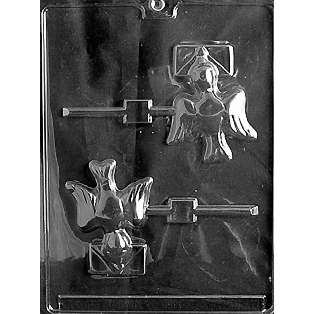Clear chocolate lollipop mold with two cavities showing a bird in flight carrying a small envelope, each connected to a straight stick channel.