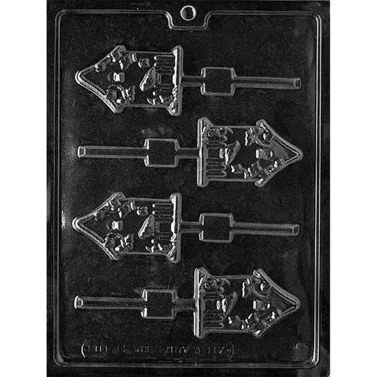 Clear four-cavity Bird House Chocolate Lollipop Mold with peaked roofs, bird and foliage details, and built-in stick channels