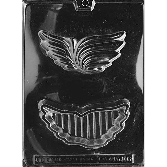 Two-cavity bird in flight pour box chocolate mold with a feathered outstretched-wing lid and a matching deep base with raised interior ridges.