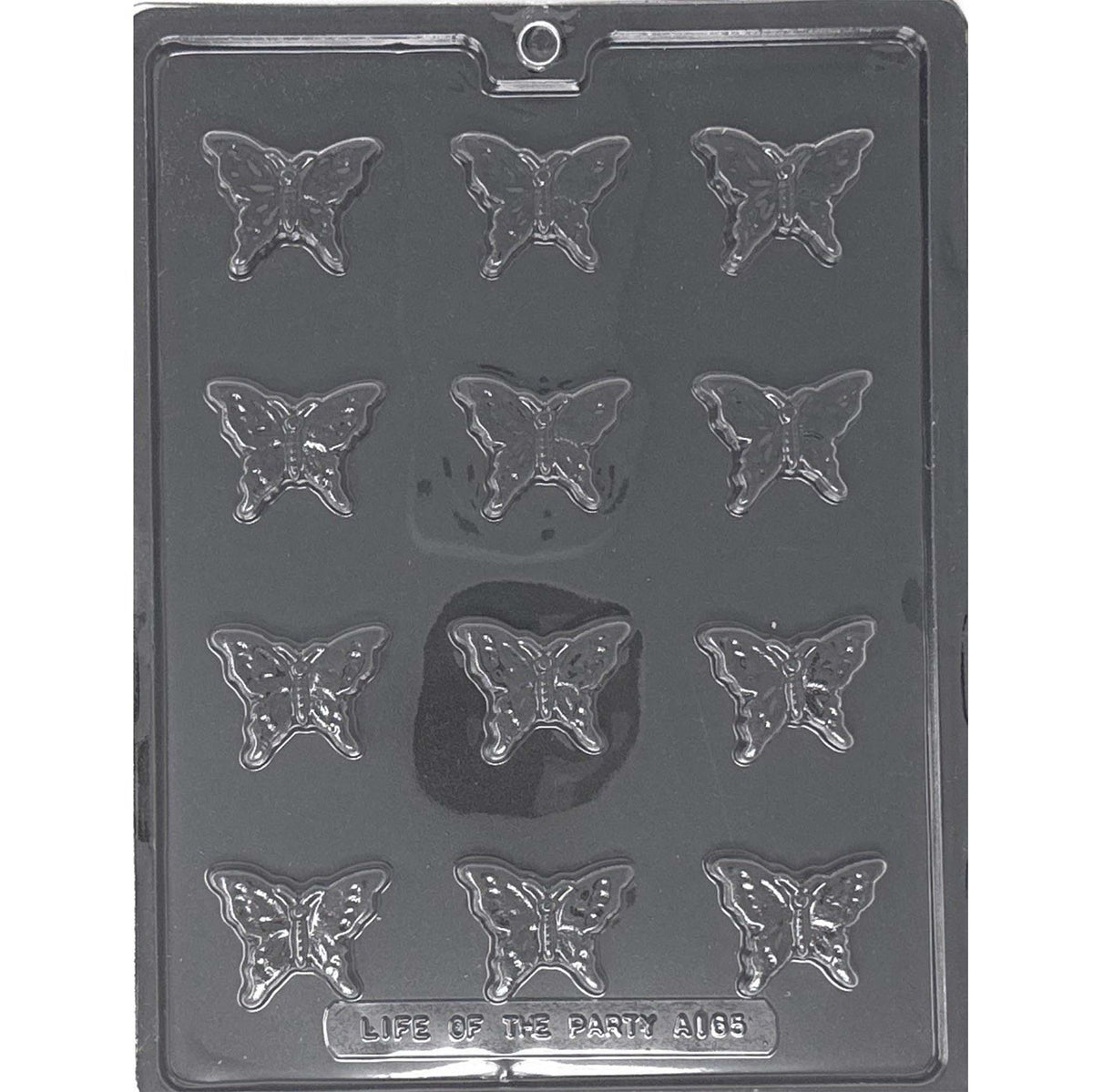 Clear Bite Size Butterfly Chocolate Mold photographed against a black background with 12 small butterfly-shaped cavities arranged in four rows.