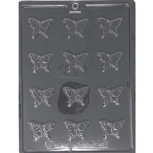 Clear Bite Size Butterfly Chocolate Mold photographed against a black background with 12 small butterfly-shaped cavities arranged in four rows.