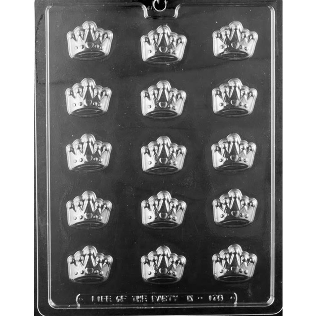 Clear Bite Size Crowns Chocolate Mold photographed against a black background with 15 small crown-shaped cavities featuring raised points and decorative jewel details.