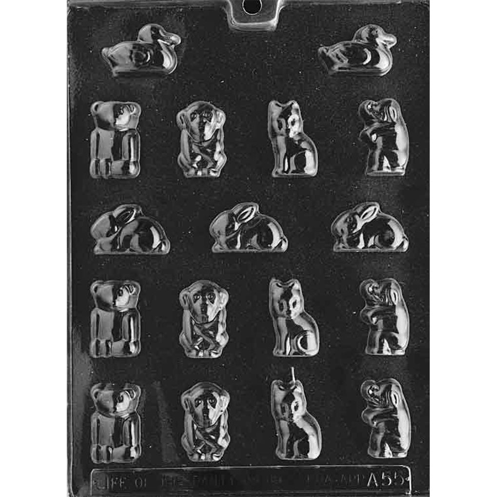 Small animal assortment chocolate mold with ducks, bears, monkeys, cats, elephants, and rabbits in bite-sized cavities