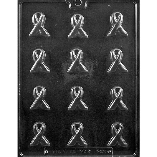 Clear plastic chocolate mold with 12 bite-sized awareness ribbon cavities arranged in a grid for making ribbon-shaped chocolates.