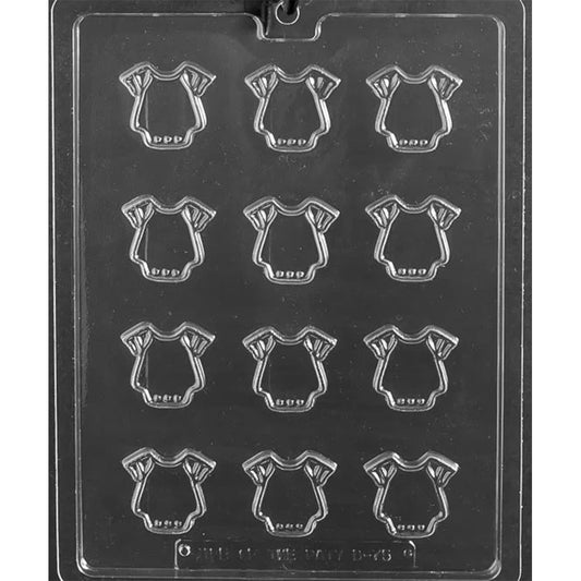 Clear plastic chocolate mold with twelve small baby onesie cavities arranged in a grid, each showing a one-piece outline with short sleeves and neckline detail.