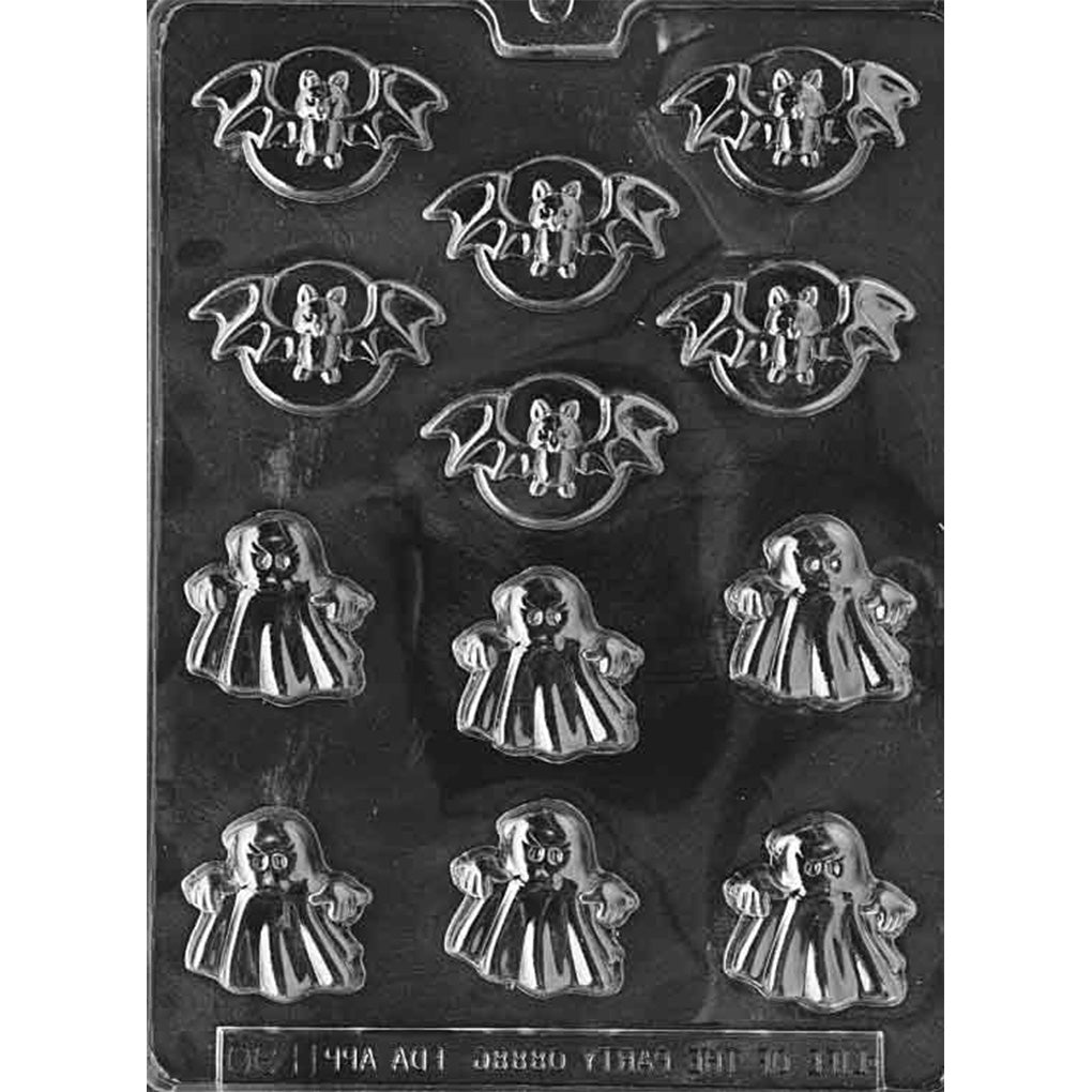 Twelve-cavity bite-sized bats and ghosts chocolate mold with six 2 1/4-inch winged bats and six 1 3/4-inch sheet ghosts with raised arms.