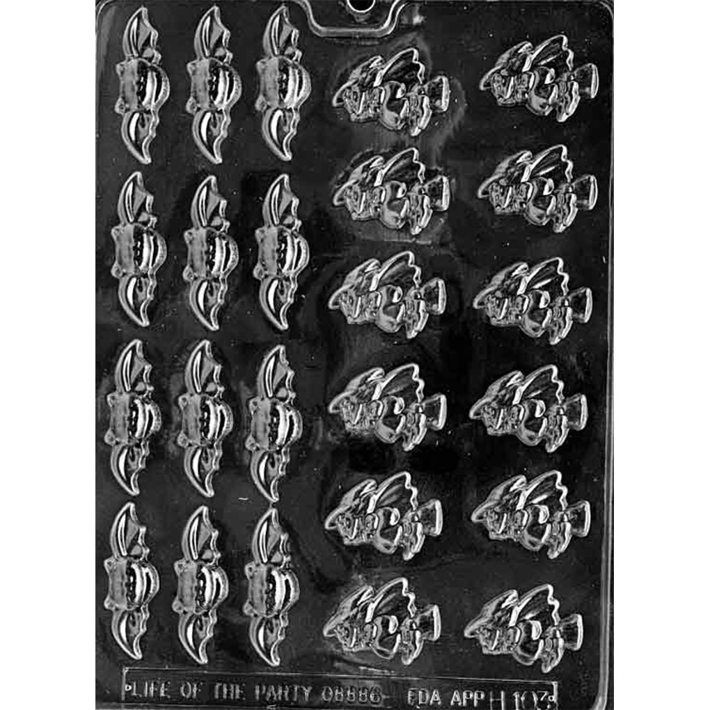 Clear plastic Bite-Sized Bats and Witches Chocolate Mold with 24 cavities featuring 12 winged bats and 12 witches riding brooms