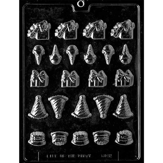 Clear chocolate mold with 24 small birthday-themed cavities, including wrapped presents with bows, party hats, little cakes, and assorted party shapes arranged in rows.