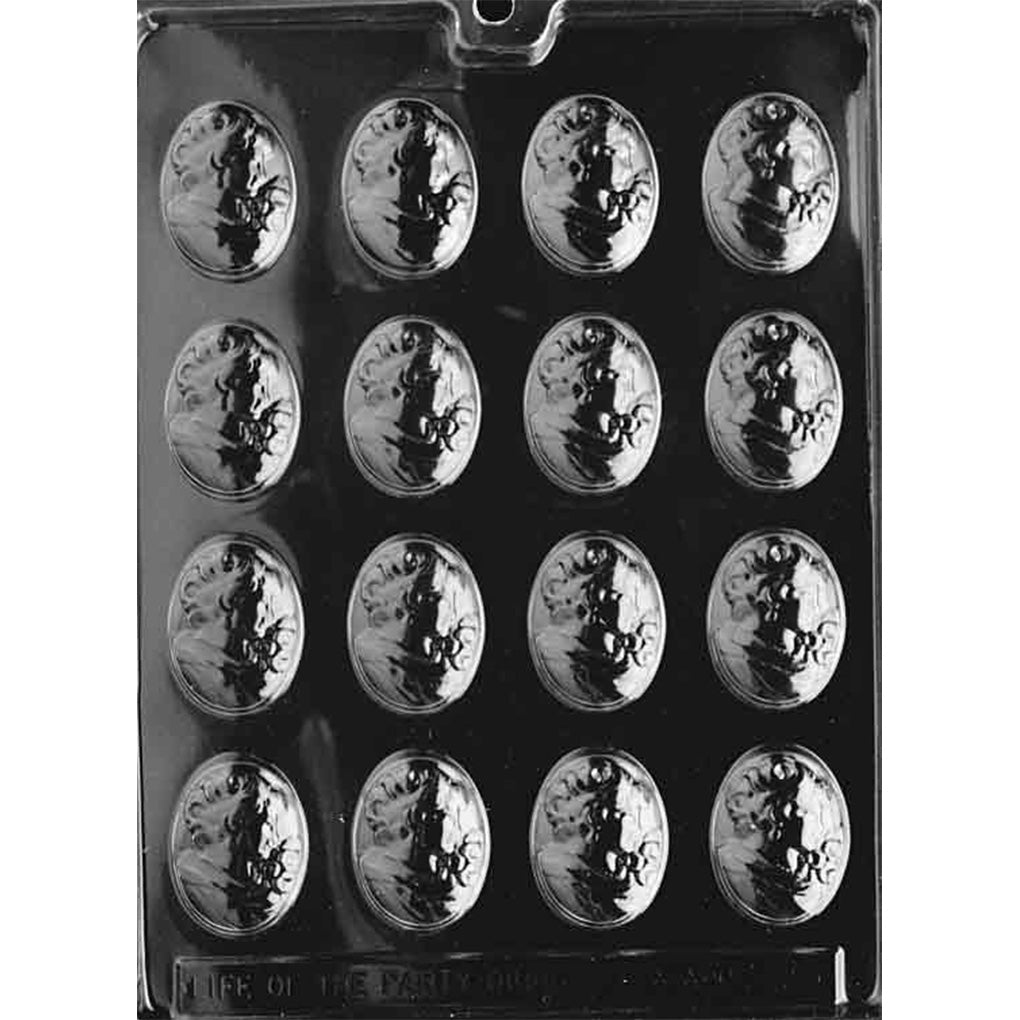 Bite-sized cameo chocolate mold with 16 oval cavities featuring a raised Victorian lady portrait
