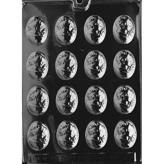 Bite-sized cameo chocolate mold with 16 oval cavities featuring a raised Victorian lady portrait