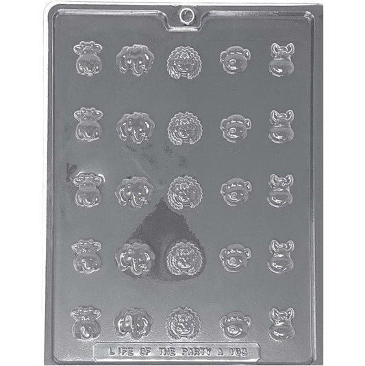 Clear Bite Size Cute Animal Faces Chocolate Mold photographed against a black background with 25 small cavities featuring lamb, elephant, lion, bear, and pig faces.