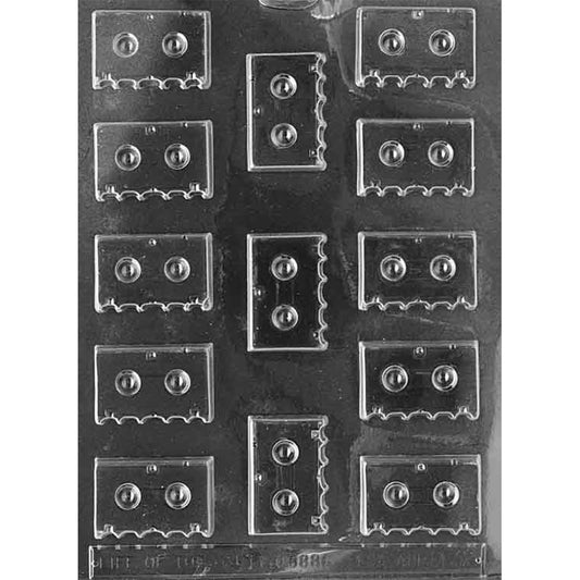 Thirteen-cavity bite-sized cassette tape chocolate mold with retro reel details, each piece measuring approximately 1 7/8 x 1 1/4 inches