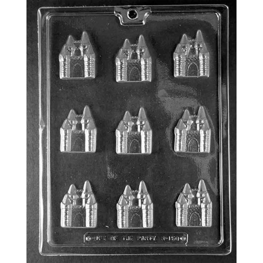 Clear Bite-Sized Castle Chocolate Mold photographed against a black background with 9 castle-shaped cavities featuring towers, pointed turrets, and arched doorways.