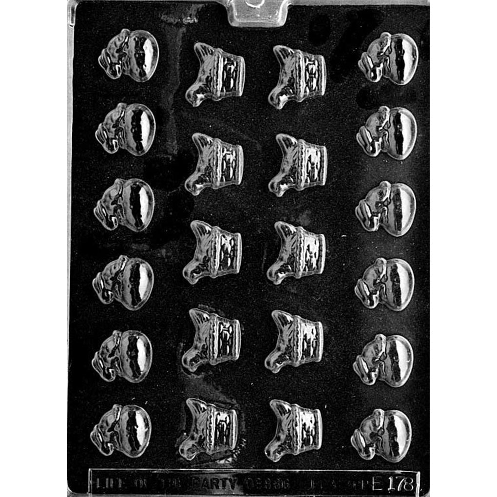Twenty-four-cavity bite-sized Easter chocolate mold with 12 chicken-in-basket pieces and 12 rabbit-on-egg pieces measuring up to 1 1/4 inches