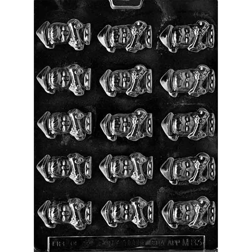Clear plastic chocolate mold with fifteen bite-size graduate figure cavities in a grid, showing chubby-cheeked boy and girl graduates holding diplomas and wearing caps, on a dark background.