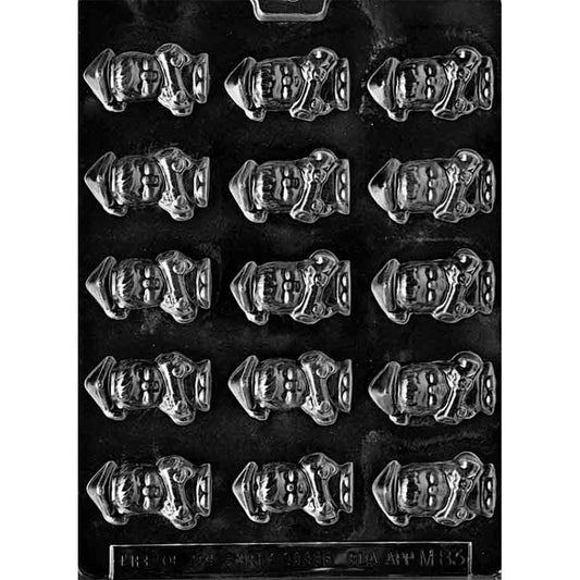 Clear plastic chocolate mold with fifteen bite-size graduate figure cavities in a grid, showing chubby-cheeked boy and girl graduates holding diplomas and wearing caps, on a dark background.