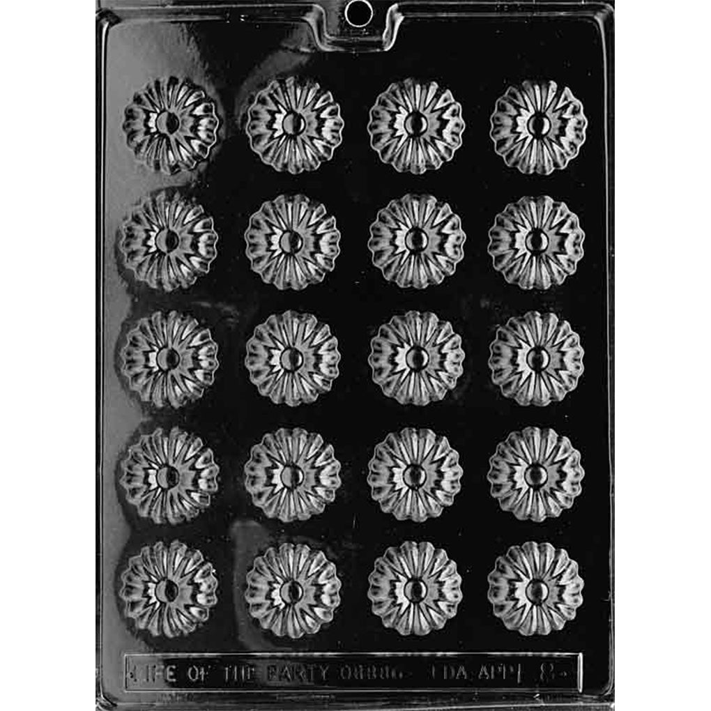 Clear chocolate mold with 20 small round daisy cavities arranged in five rows, each featuring radiating petals and a raised center on a dark background.