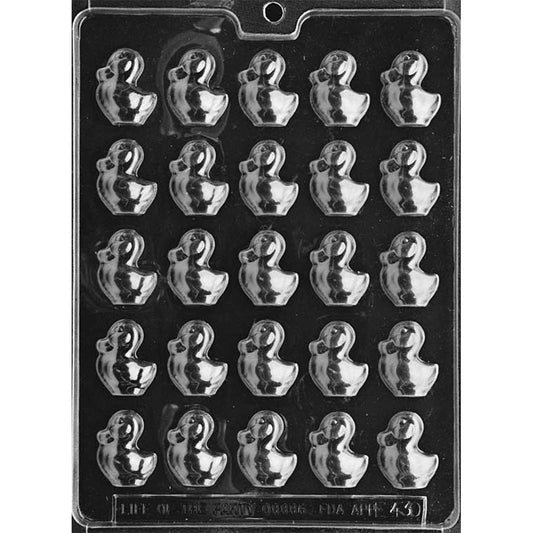 Twenty-five-cavity bite-sized ducklings chocolate mold with 1 1/8 x 1 1/2 x 1/4-inch duck shapes and raised wing details