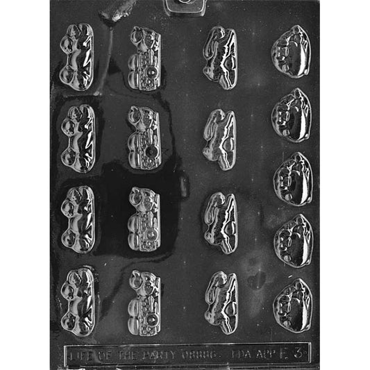 Clear plastic Easter assortment chocolate mold with multiple small cavities, shown on a black background; includes running bunny, bunny holding an egg, chicks with an egg, and a chick pulling a wagon with eggs.