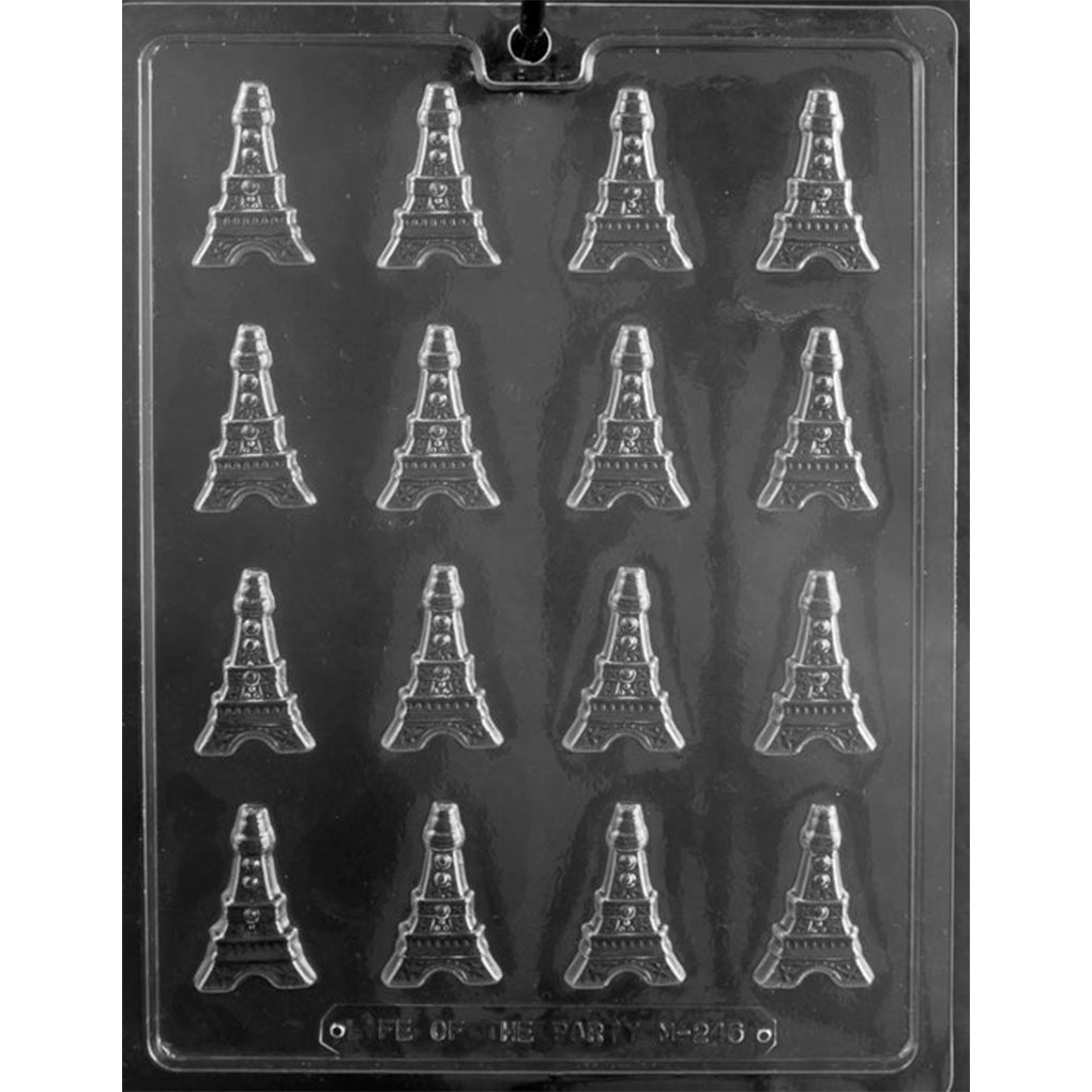 Clear plastic bite-sized Eiffel Tower chocolate mold with 16 matching 1 3/4 x 1-inch cavities featuring arched bases and raised architectural details.