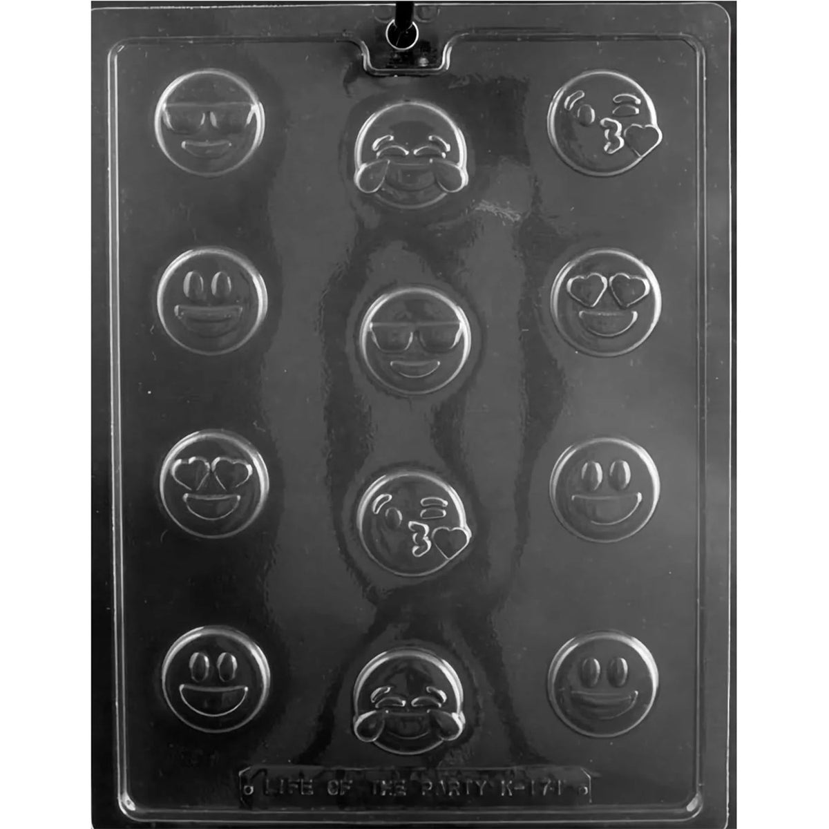 Twelve-cavity bite-sized emoji topper chocolate mold with smiling, sunglasses, heart-eyes, laughing-tears, and blowing-a-kiss faces