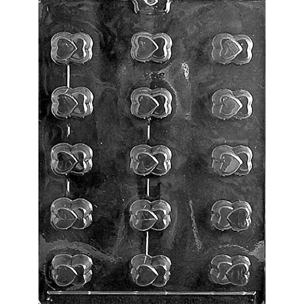 Bite-sized filled double hearts chocolate mold with 15 overlapping heart cavities arranged in three rows