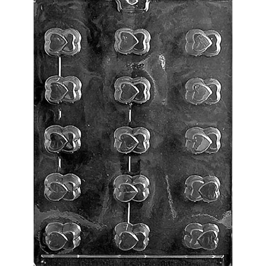 Bite-sized filled double hearts chocolate mold with 15 overlapping heart cavities arranged in three rows