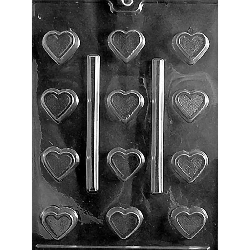 Clear plastic chocolate mold with 12 small heart-shaped cavities in a deeper 5/8-inch profile for making bite-sized filled heart chocolates.