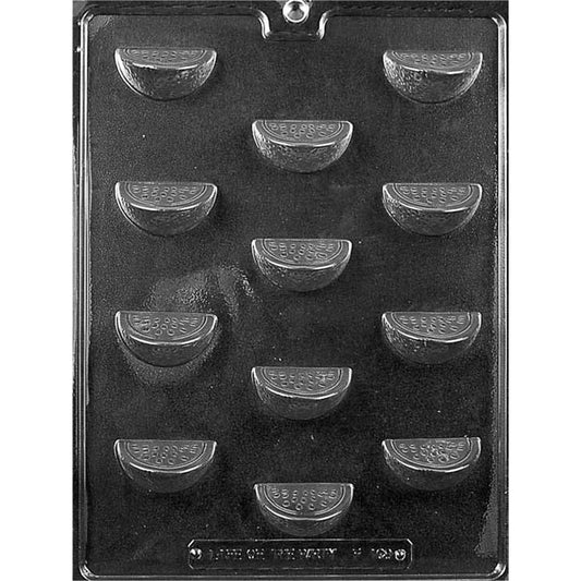 Chocolate mold with 12 bite-sized half-round fruit slice cavities featuring raised seed and rind details, each measuring 7/8 x 1 3/4 x 3/4 inches