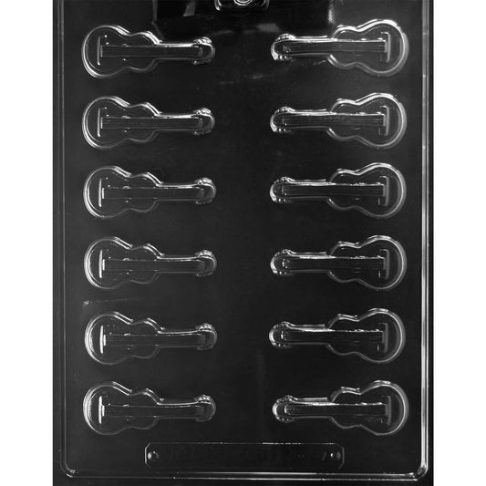 12-cavity bite-sized guitar chocolate mold with detailed acoustic guitar bodies, necks, strings, and headstocks