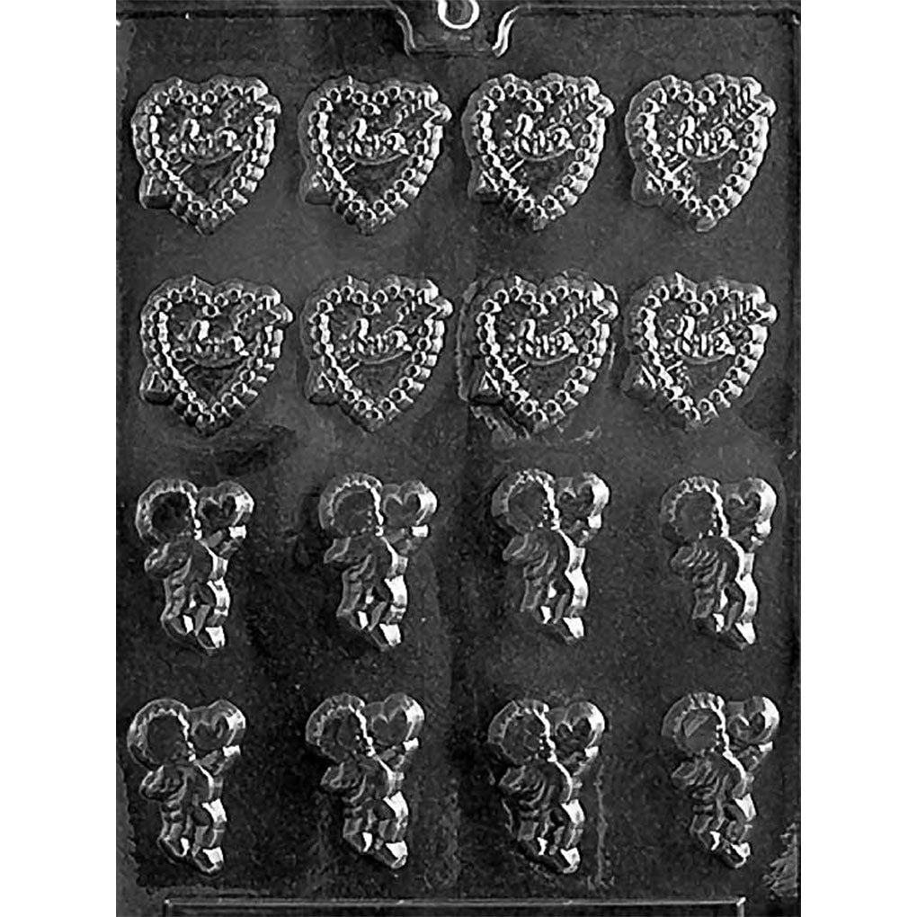 Sixteen-cavity bite-sized Valentine chocolate mold with eight hearts featuring script “Love” lettering, beaded borders, and arrows, plus eight winged Cupids holding hearts.