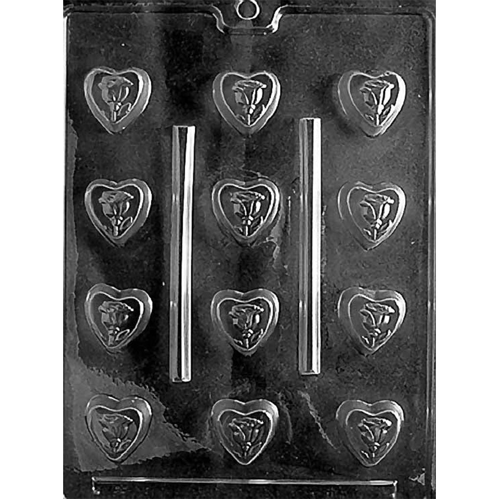 Clear plastic chocolate mold with 12 bite-sized heart cavities, each featuring a raised rose design framed inside the heart shape.