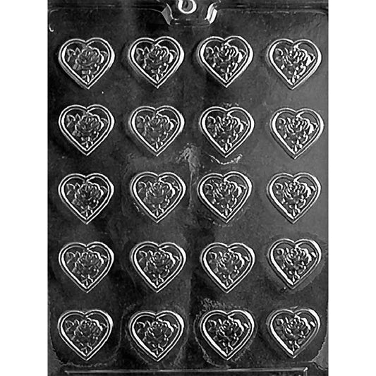 Clear Bite-Sized Rose Heart Mint Chocolate Mold photographed against a black background with 20 small heart-shaped cavities, each featuring a raised rose design.