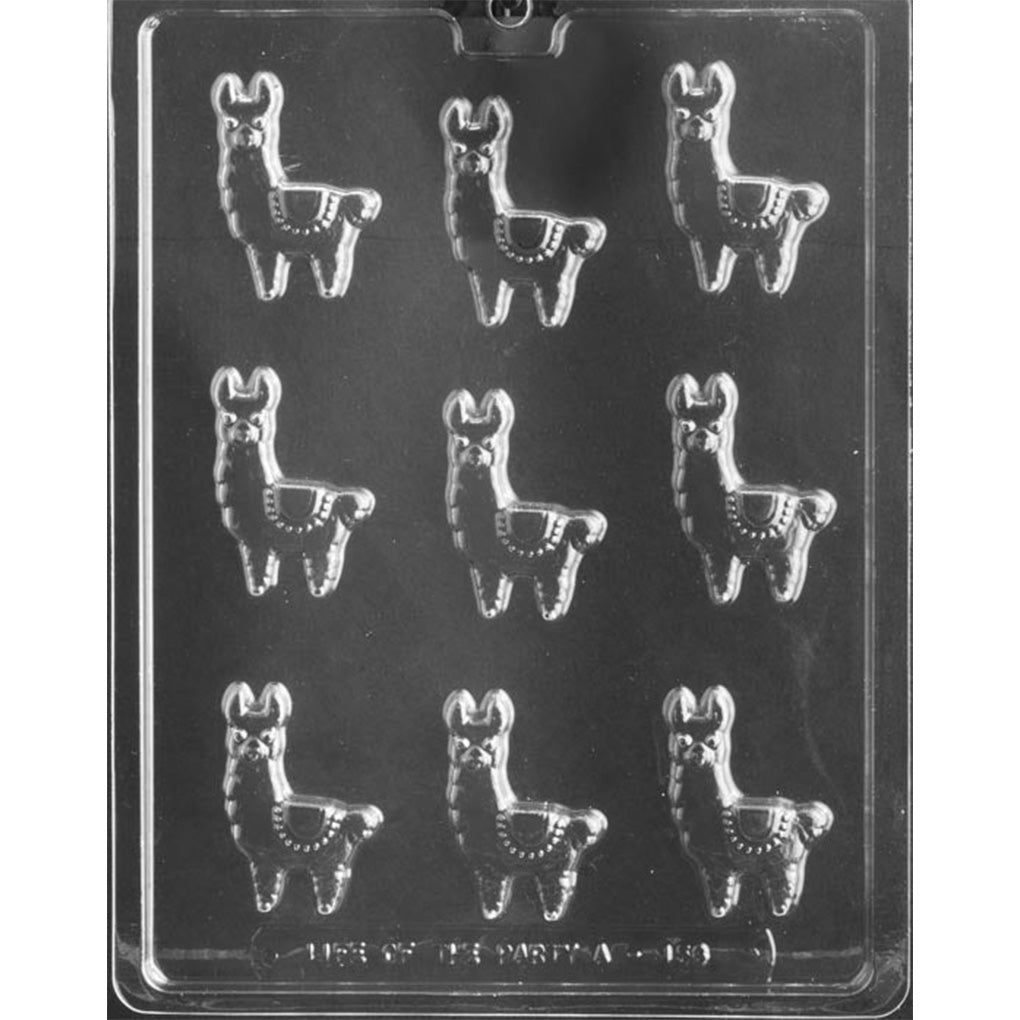 Nine-cavity bite-sized llama chocolate mold featuring standing llamas with detailed faces and decorative saddle blankets, each approximately 2 1/4 x 1 1/2 x 3/8 inches.