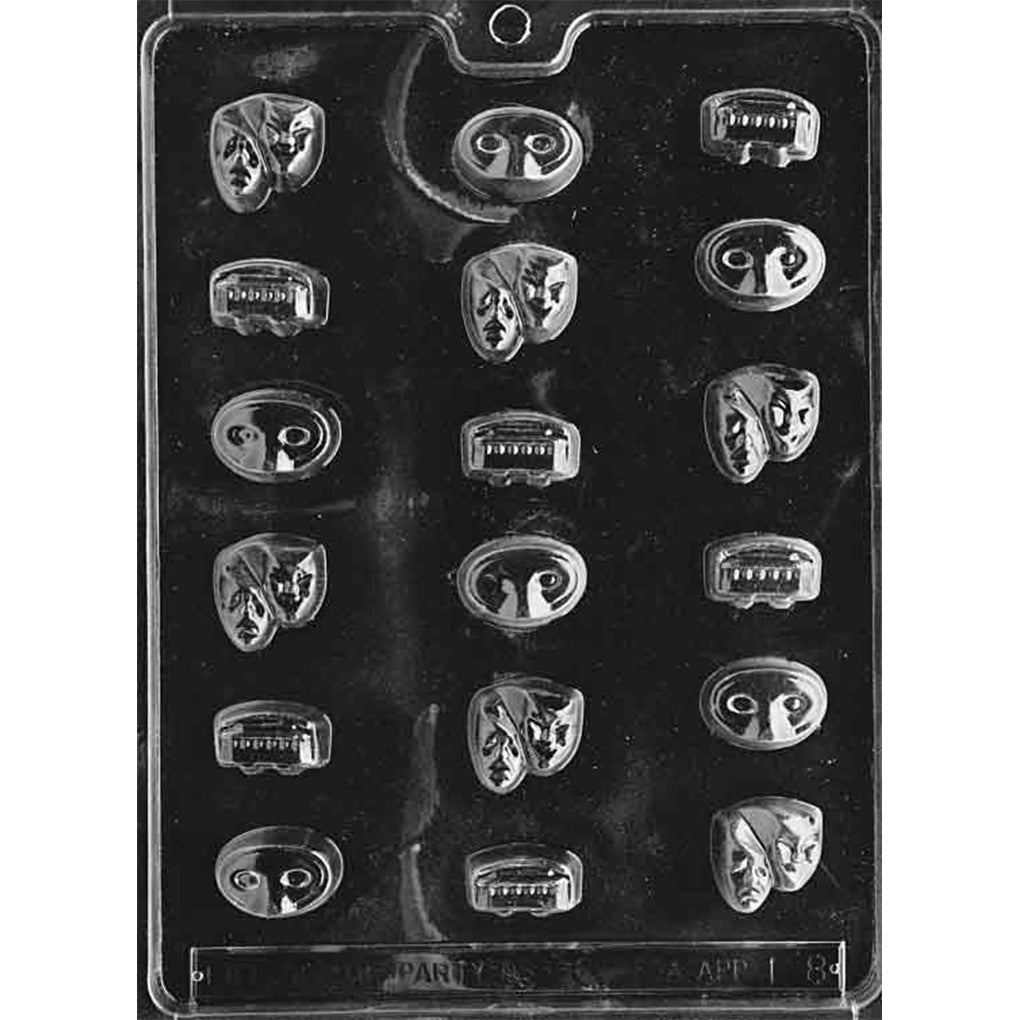 Clear plastic Mardi Gras chocolate mold with 18 bite-sized cavities featuring six paired theater masks, six masquerade masks, and six New Orleans streetcars.