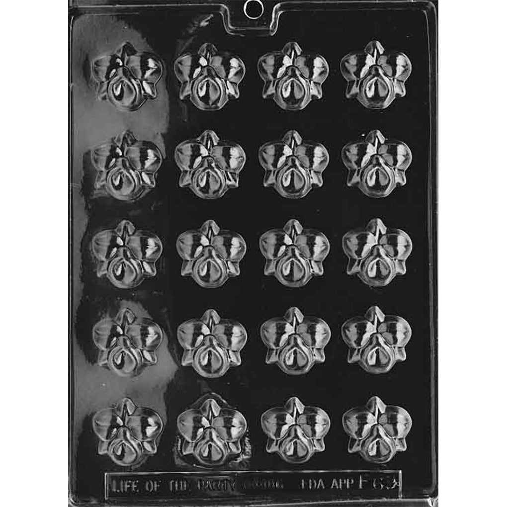 Twenty-cavity bite-sized orchid chocolate mold with detailed flower petals and centers, each measuring approximately 1 3/8 x 1 3/8 x 3/8 inches