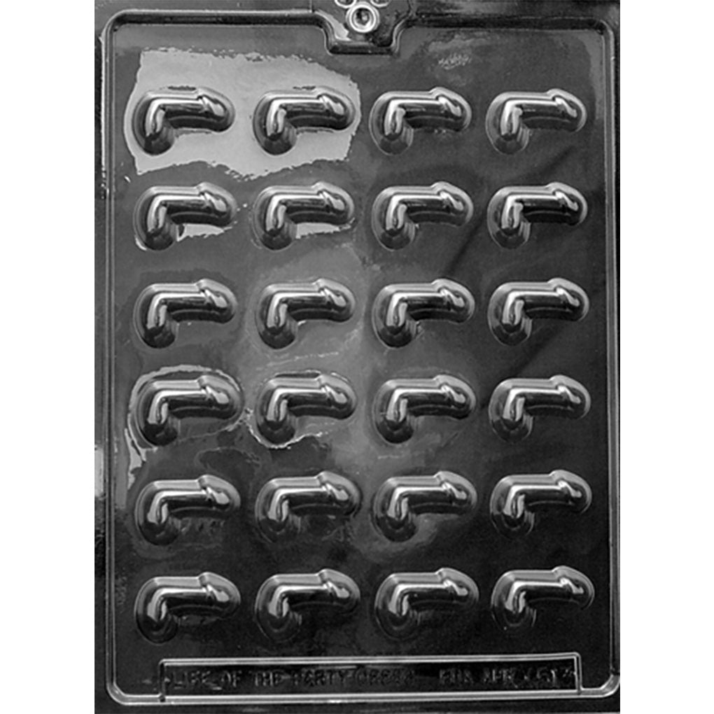 Clear plastic chocolate mold photographed against a dark background, featuring 24 small penis-shaped cavities with rounded anatomical details arranged in six rows.