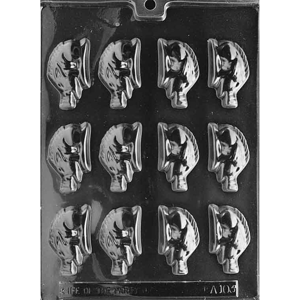 Clear plastic chocolate mold photographed on a black background with twelve small razorback boar profile cavities arranged in rows, showing snout and bristle details.