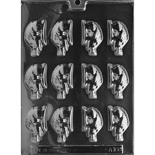 Clear plastic chocolate mold photographed on a black background with twelve small razorback boar profile cavities arranged in rows, showing snout and bristle details.
