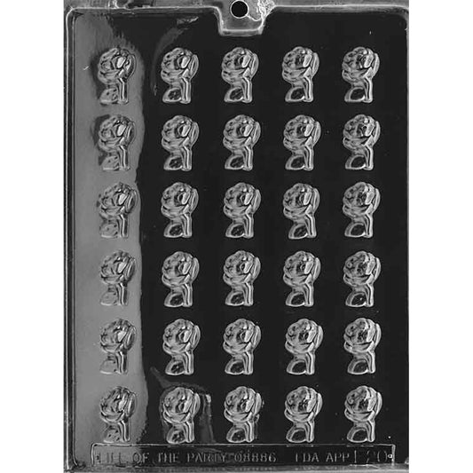 Plastic chocolate mold with 30 small rose-shaped cavities, each featuring a full bloom with a leaf and stem. Ideal for making miniature rose chocolates for elegant dessert decorations or romantic-themed favors.