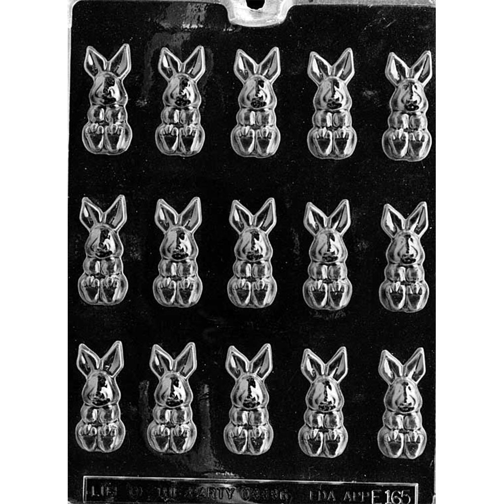 Bite-Sized Seated Bunnies chocolate mold with 15 front-facing rabbit cavities featuring tall ears, small faces, paws, and rounded feet