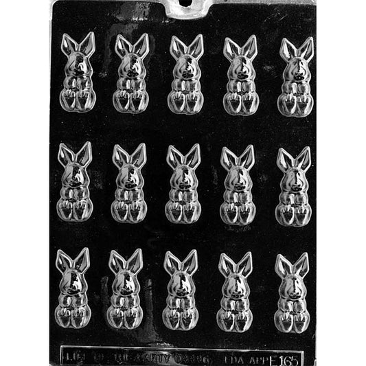 Bite-Sized Seated Bunnies chocolate mold with 15 front-facing rabbit cavities featuring tall ears, small faces, paws, and rounded feet