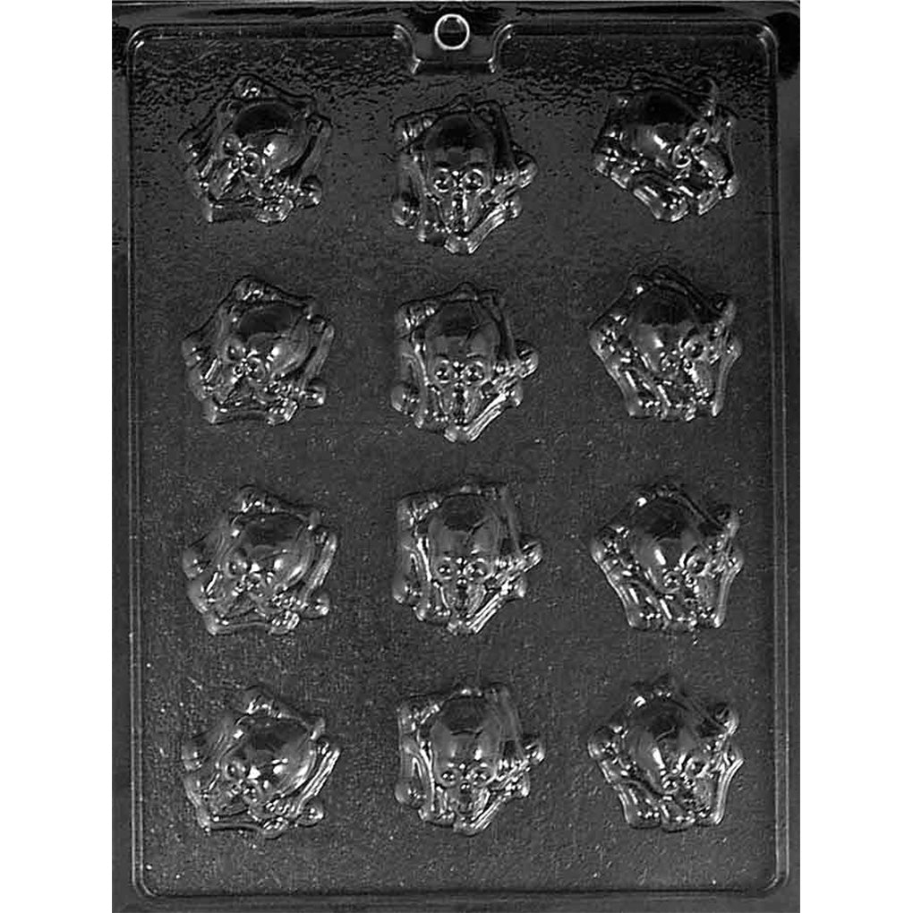 Bite-sized skull on bones chocolate mold with twelve 1 3/4-inch cavities arranged in four rows of three