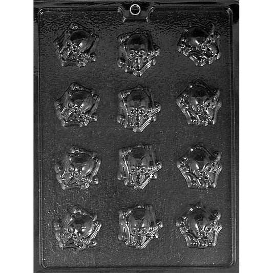 Bite-sized skull on bones chocolate mold with twelve 1 3/4-inch cavities arranged in four rows of three