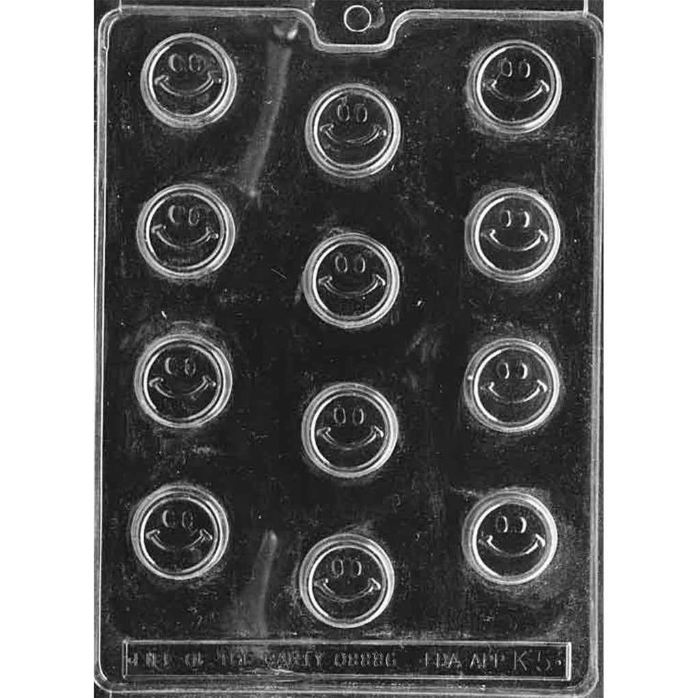 Bite-sized smiley face chocolate mold with 12 round cavities featuring oval eyes, curved smiles, and raised borders