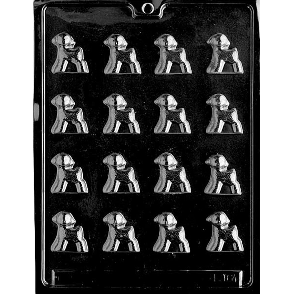 Chocolate mold featuring 16 standing lamb cavities arranged in four rows of four. Each lamb has a textured wool pattern and upright pose, ideal for Easter candies or spring-themed toppers.