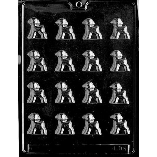 Chocolate mold featuring 16 standing lamb cavities arranged in four rows of four. Each lamb has a textured wool pattern and upright pose, ideal for Easter candies or spring-themed toppers.
