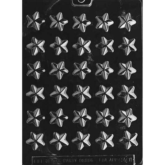 Clear plastic chocolate mold with thirty bite-sized star cavities, each with faceted five-point star details, shown on a dark background.