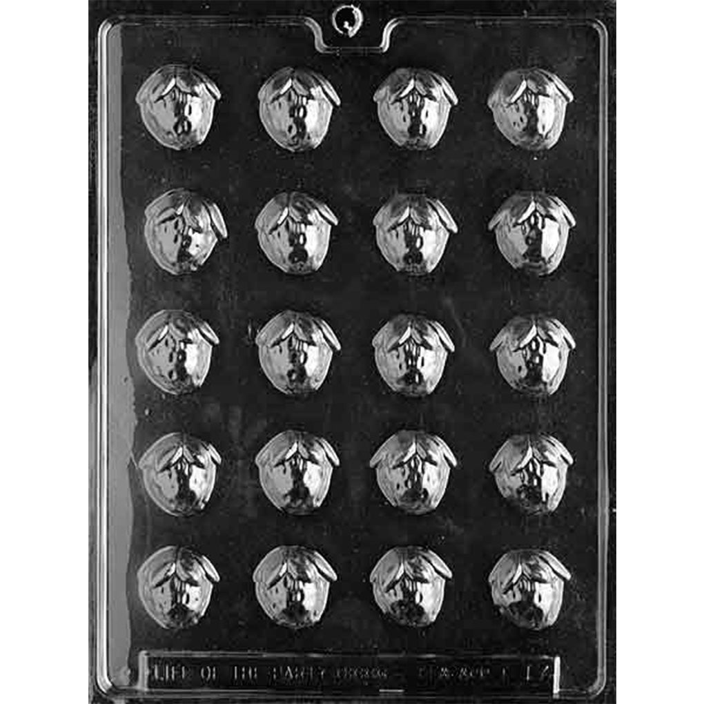 Twenty-cavity bite-sized strawberry chocolate mold with 1 1/8-inch berries, raised leafy tops, and seed details