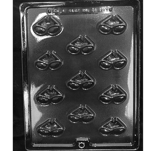 Eleven-cavity bite-sized sunglasses chocolate mold with detailed lenses and folded frames, each measuring approximately 1 1/4 x 2 inches